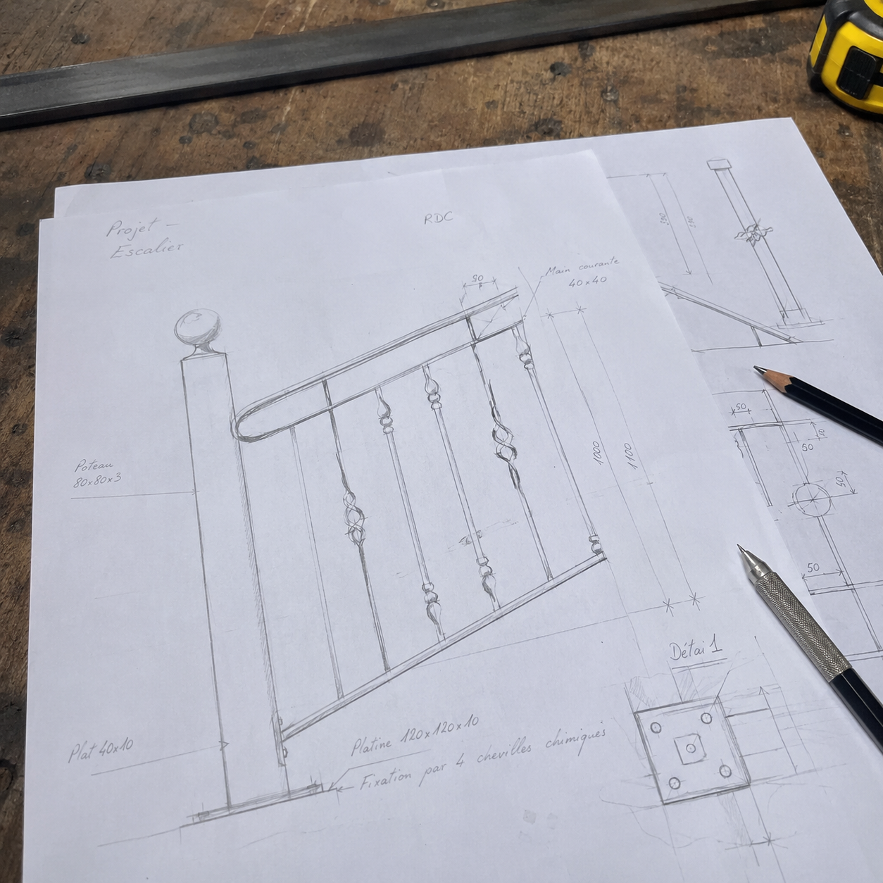 Croquis à la main d'un projet d'escalier et garde-corps, coté sur l'établi