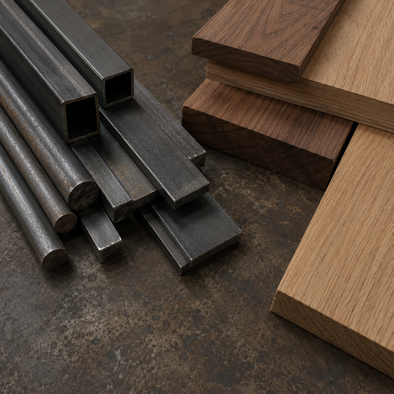 Profilés d'acier brut et planches de chêne et noyer rangés à l'atelier